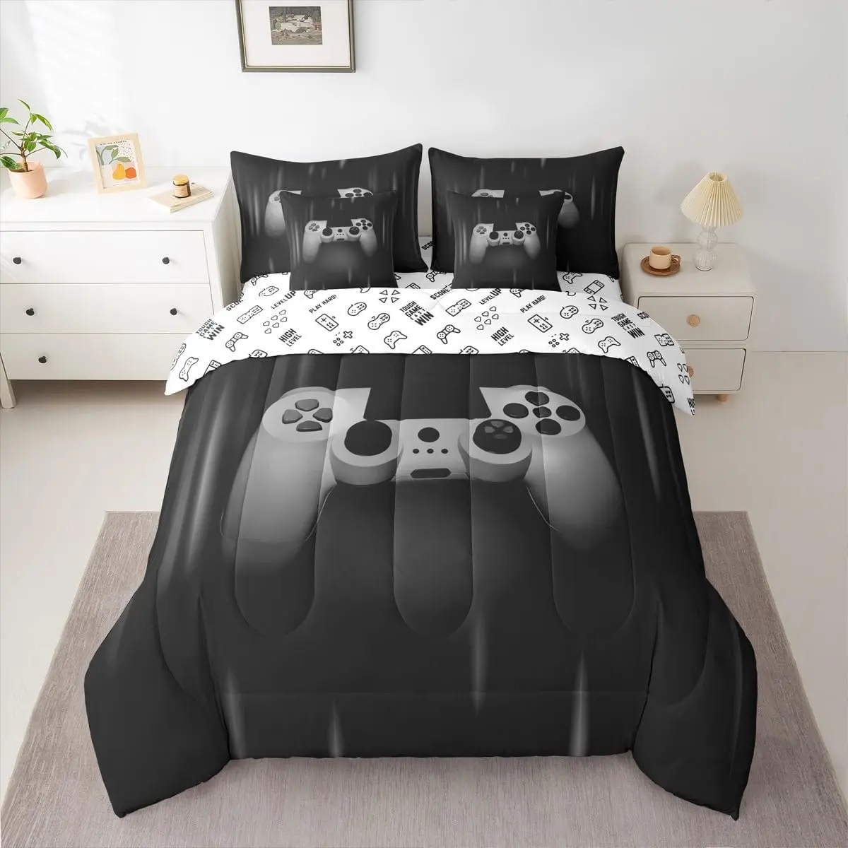 Gamer Comforter Set,Boys Gaming Bedding Set for Teens,Gray Black Video Game Gamepad Bed in A Bag,7 Pieces with Sheets,Pillowcases,Cushion Covers Bedroom Blanket