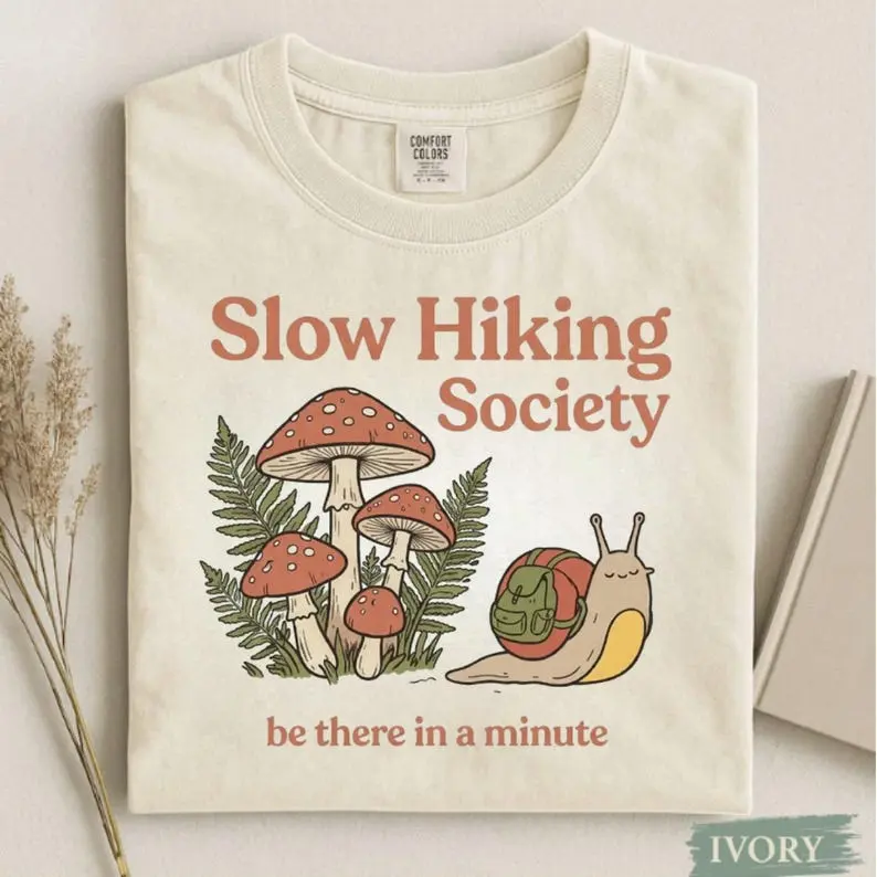 Comfort Colors Slow Hiking Society T-Shirt, Mushroom Funny Snail Illustration, Nature Graphic, Camping Tee Nature Hiker Lover Gift Tshirt