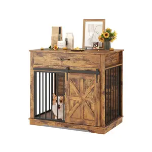 Dog Cage Furniture with Storage Drawer, 37.8" Wide 2-in-1 Iron Wood Dog Crate End Table for Small/Medium Dogs, Indoor Kennel with Sliding Barn Doors,Brown