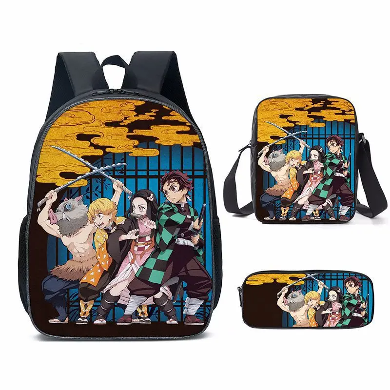 Unisex Demon Slayer Anime 3-Piece School Set - Vibrant Character-Battle Scenes Print Backpack, Insulated Lunch Box, Pencil Case, Lightweight Water-Resistant, Padded Strap, Machine Washable, No Wheels, Versatile Use for Fans, Back to School, Daily Commute