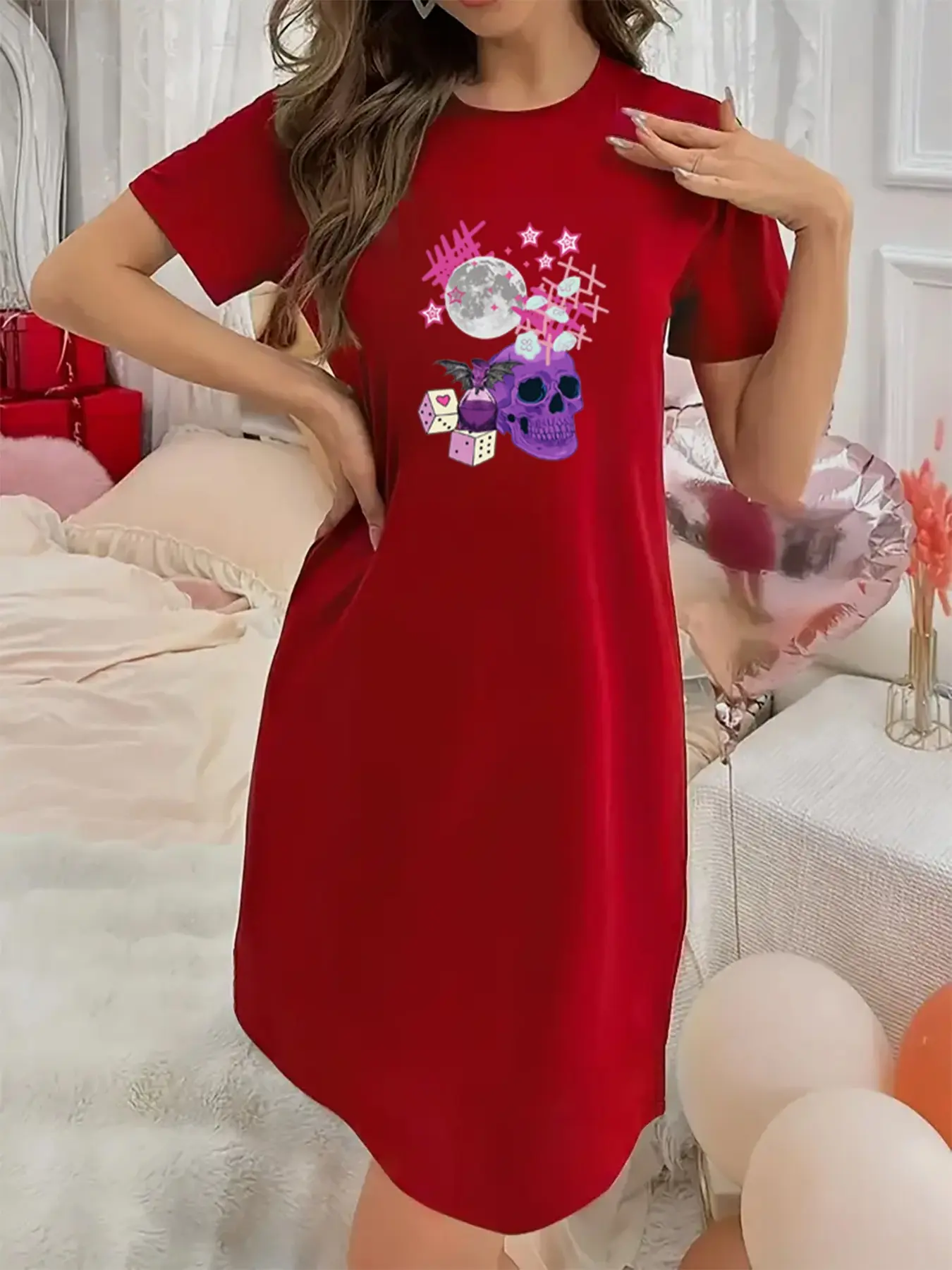Soft and Slightly Stretchy Women's Underwear Fantasy Skull Moon Pattern Short Sleeve Crew Neck Nightgown, Sexy Elegant Youthful Women's Christmas Dress, Perfect for Halloween, Christmas, and Thanksgiving Gifts