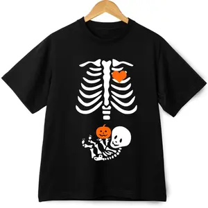 Skeleton Baby Maternity T-Shirt, Funny Halloween Pregnancy Reveal Tee, Rib Cage Fetus Graphic Shirt, Cute Spooky Fall Outfit for Moms