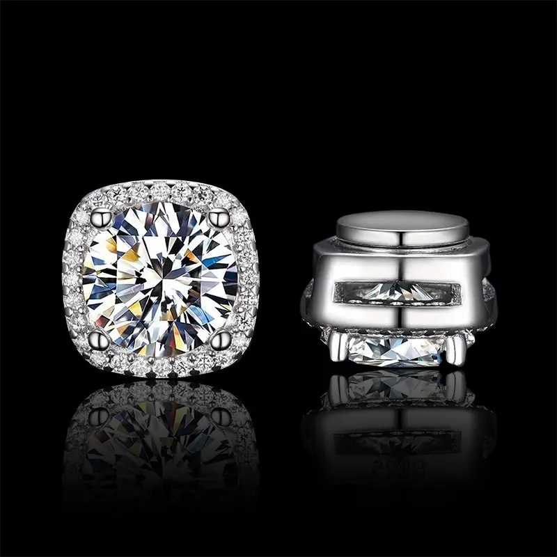 HELLOICE Moissanite Square Halo Stud Earrings Non Pierced Synthetic Moissanite Non-Piercing Earrings Jewerly Gift for Women Men