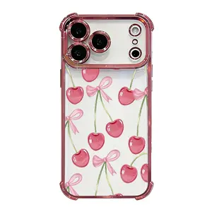 Pink Cherry Bow Phone Case for iPhone 17 16 15 14 13 12 11 Pro Max Plus Air Cute Aesthetic Shockproof Drop Protection Soft TPU Silicone Cover Coquette Style Protective Smartphone Case Gift DDSJ260422003 Military Grade Rotating Camera