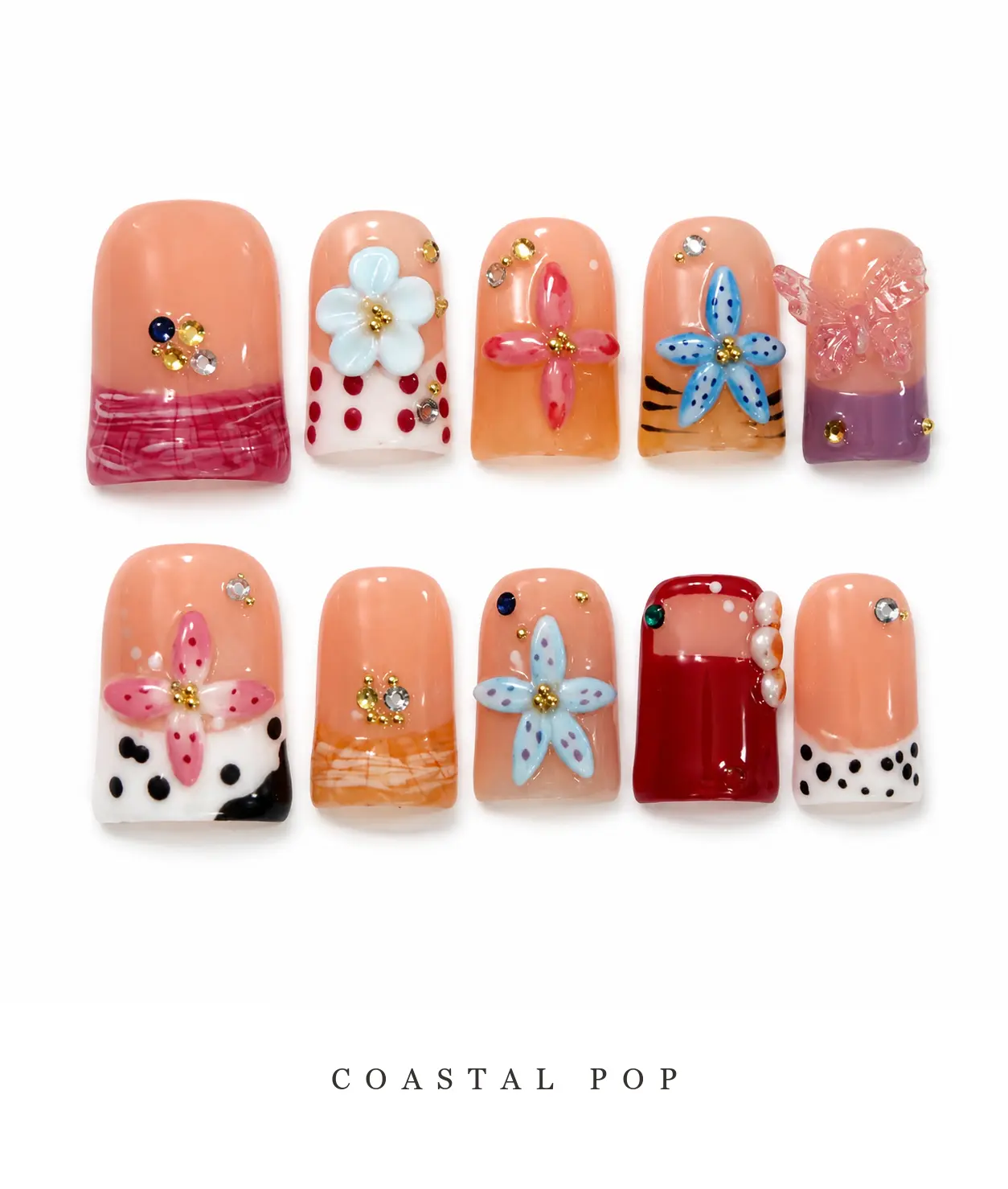Press on Nails, Coral Blue Starfish Beach Nails, Summer Vacation Ocean Nails, Glossy Full Cover Fake Nails, Cute Y2K Coastal Mermaid Manicure, Stick on Nails for Women, 10Pcs