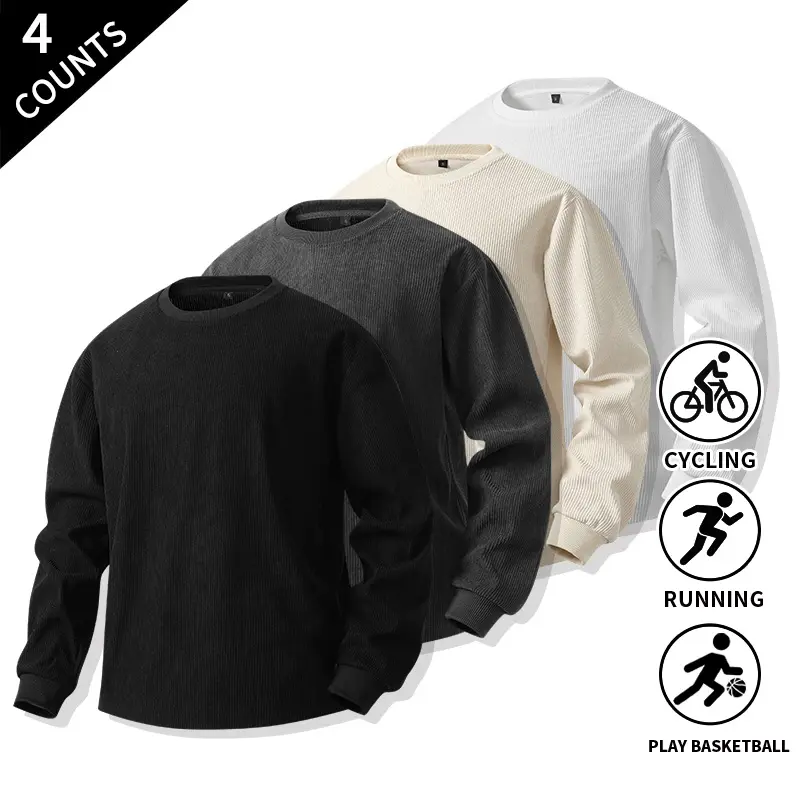 4-Pack Loose Solid Waffle Knit Long Sleeve T-Shirts for Men — Minimalist Basic Athletic Shirts