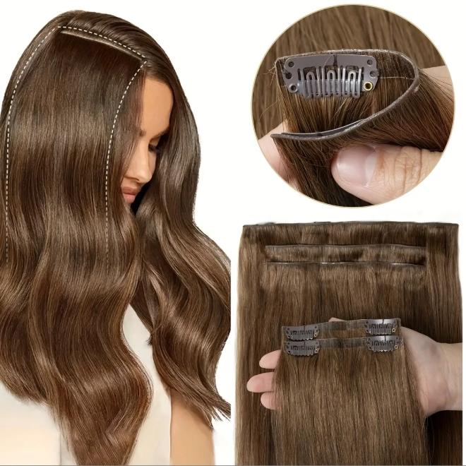 7Pcs Seamless Clip-In Straight Brazilian Remy Human Hair Extensions No Glue PU Clips 12-24 Inch 110-120g Natural Black Brown Blonde Adds Volume Length Quick Transformation Versatile Styling
