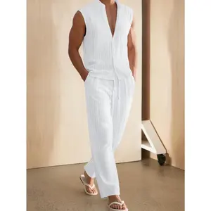 New Summer/Autumn Men's Jacquard Sleeveless Casual Shirt and Trousers Set / Men's Casual Henley Collar Sleeveless Top with Jacquard Wave Stripe Trousers 2pcs Set