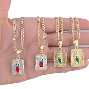 Saint Jude or Virgin of Guadalupe Square-shaped Pendant Necklace - Gold-Tone Chain & Religious Charm Jewelry