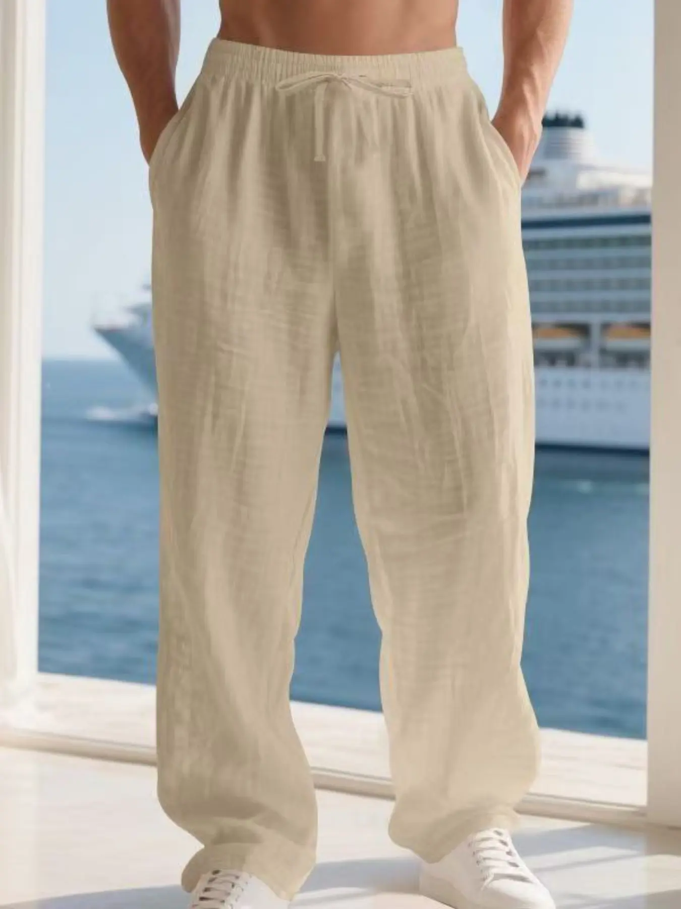 Loose men's casual home linen simple luxury sports trousers, Casual beach pants, Casual Comfy Pants, breathable, comfortable and fashionable solid color design, suitable for men's daily casual wear, essential item for men's wardrobes