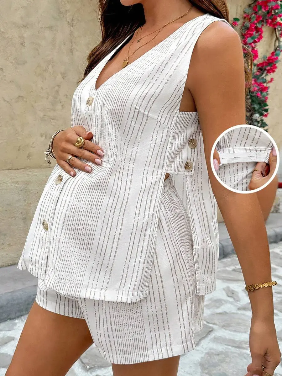 AVENO Casual Solid Color Maternity Tank Top And Adjustable Waist Shorts 2 Pieces Set Piece Short Sets Woman Two Clothes Suits