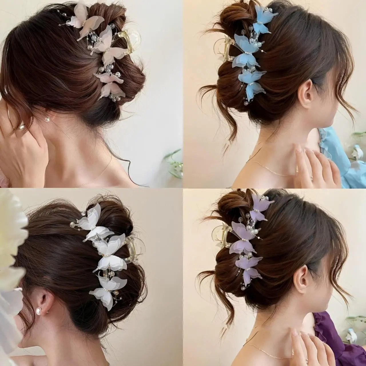 Elegant Pearl Accent Crab Claw Clip Pack, 4pcs White 4.92x2.55in Hair Clips with Tangle-Free Hold & Secure Grip for Daily, Romantic Wedding Use, Romantic Look, Hair Securing, Clip Design, Elegant Barrette