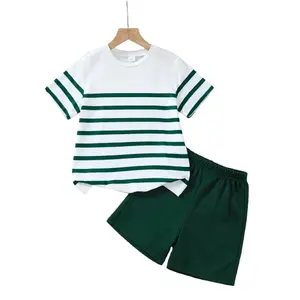 Ready Stock 8-12Y Boys Summer Casual Striped Crew Neck T-Shirt & Elastic Waist Shorts 2-Piece Set 42511060