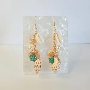 #269 Sea Shells Tassel with Starfish & White Faux Pearl Dangle Earrings, Casual, Beach, Tropical, Summer, Jewelry