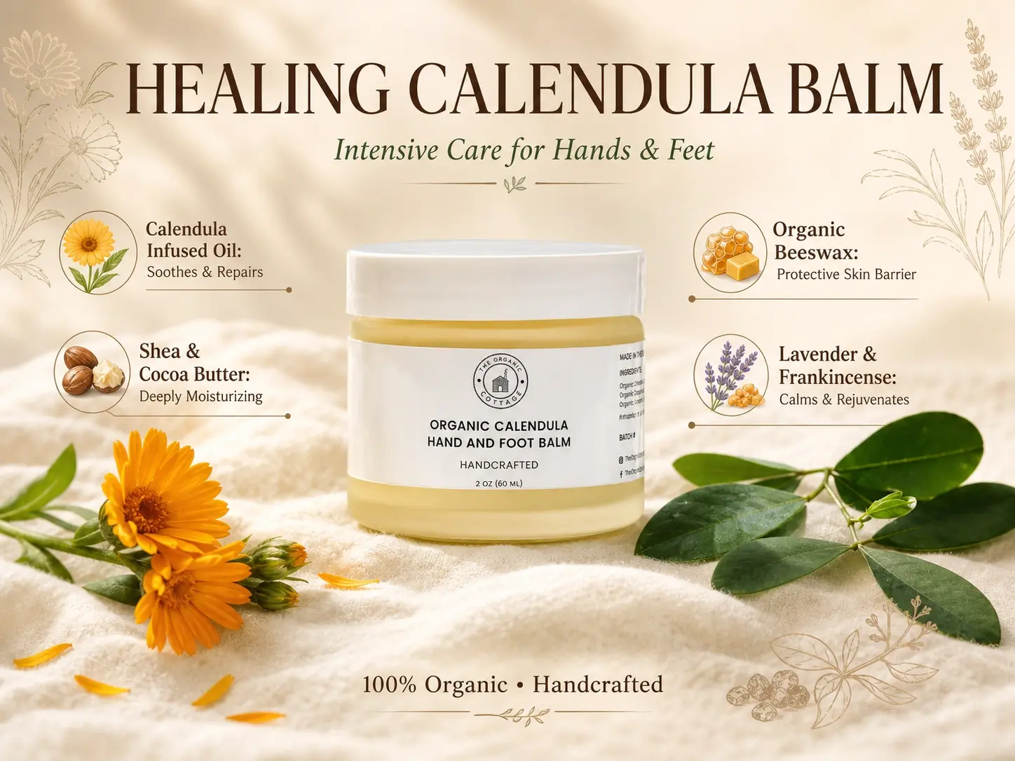 Organic Calendula Hand and Foot Balm with Beeswax Calming Lavender Oil & Shea Butter for Daily Hydration and Soothing Scent 2 oz
