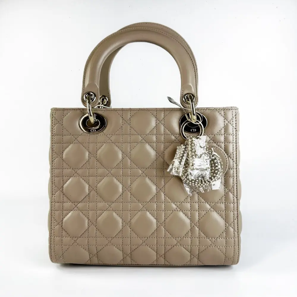 Pre-owned Dior Christian Medium Lady Beige Cannage Leather Handbag【859】