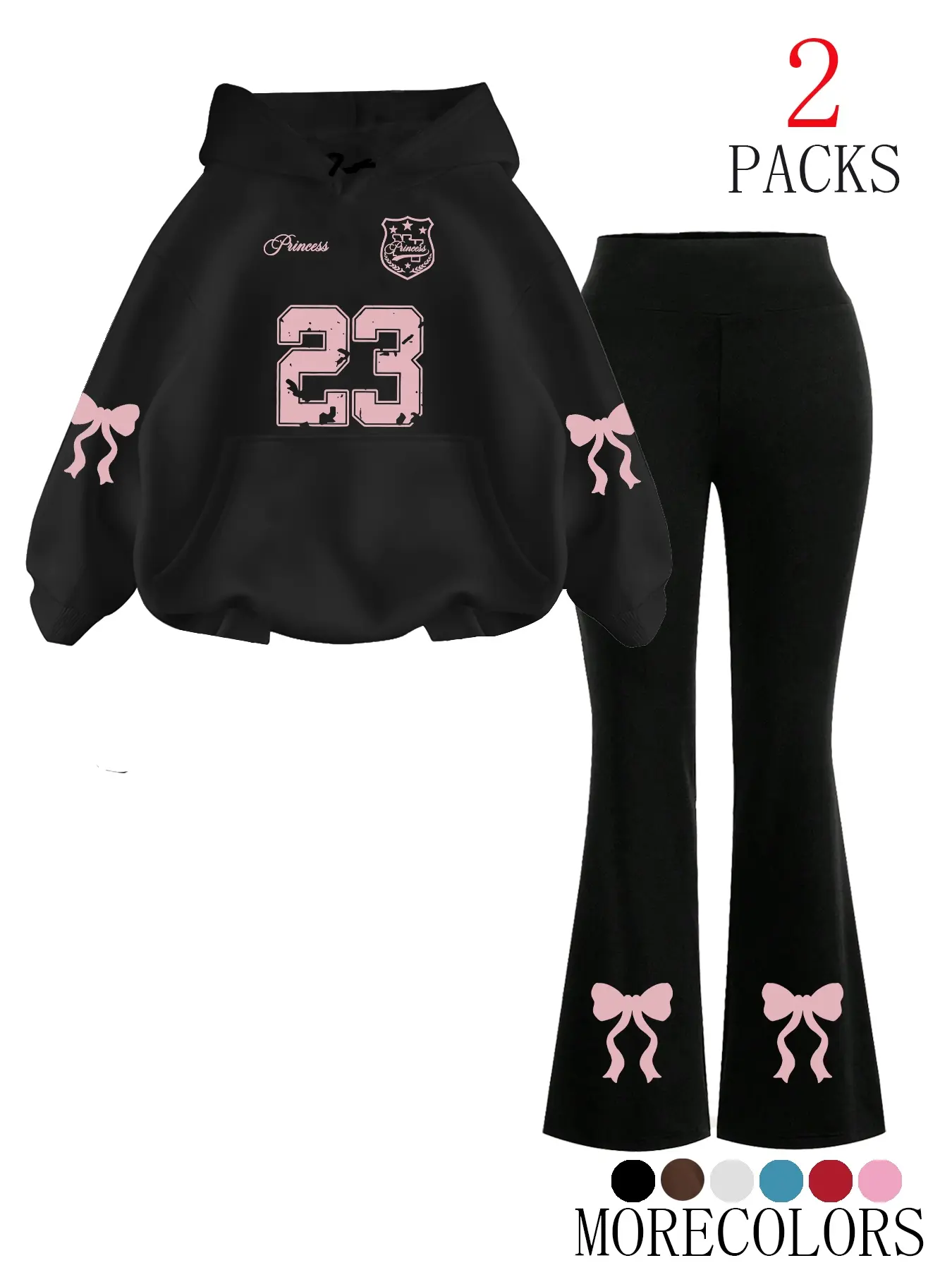 Women's Warm Sweatshirt Set + Slim Fit Flare Pants, Casual Butterfly Knot Print, Loose-Fit Summer, Comfortable Daily Wear