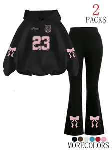 Women's Warm Sweatshirt Set + Slim Fit Flare Pants, Casual Butterfly Knot Print, Loose-Fit Summer, Comfortable Daily Wear