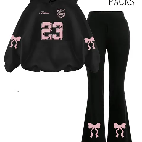 Women's Warm Sweatshirt Set + Slim Fit Flare Pants, Casual Butterfly Knot Print, Loose-Fit Summer, Comfortable Daily Wear