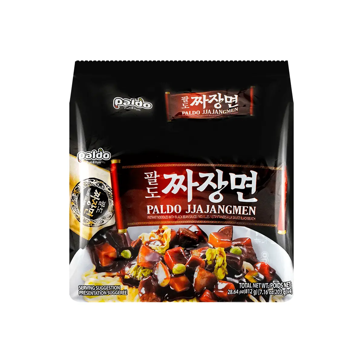 PALDO Premium Jjajangmyeon Korean Black Bean Noodles 4 Pack (812g) - Authentic Instant Ramen for Quick & Delicious Meals