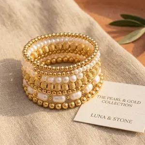 Gold Beaded Bracelet Stack for Women, Stretch Stackable Bracelet Set, Dainty Layered Bracelets for Everyday Jewelry Gift boho chic style bohemian handmade