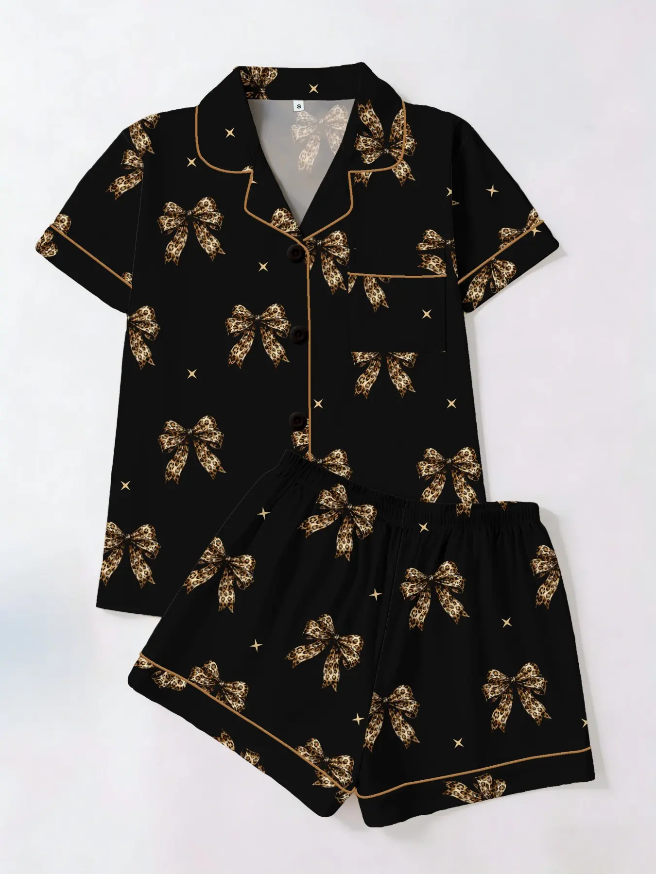 Elegant Chic Style Gold Leopard Bow Printed Short Sleeve Shorts Set, Casual All Season Women's Sleepwear, Pajamas, Pjs & Loungewear Homeewear Two-Piece Suit Outfit