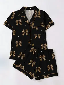 Elegant Gold Leopard Bow Printed Short Sleeve Shorts Set, Casual All Season Women's Sleepwear & Homeewear Two-Piece Suit