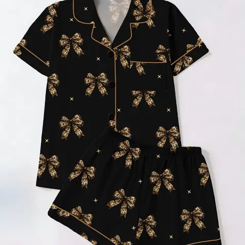 Elegant Gold Leopard Bow Printed Short Sleeve Shorts Set, Casual All Season Women's Sleepwear & Homeewear Two-Piece Suit Loungewear Set