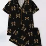 Elegant Gold Leopard Bow Printed Short Sleeve Shorts Set, Casual All Season Women's Sleepwear & Homeewear Two-Piece Suit Loungewear Set