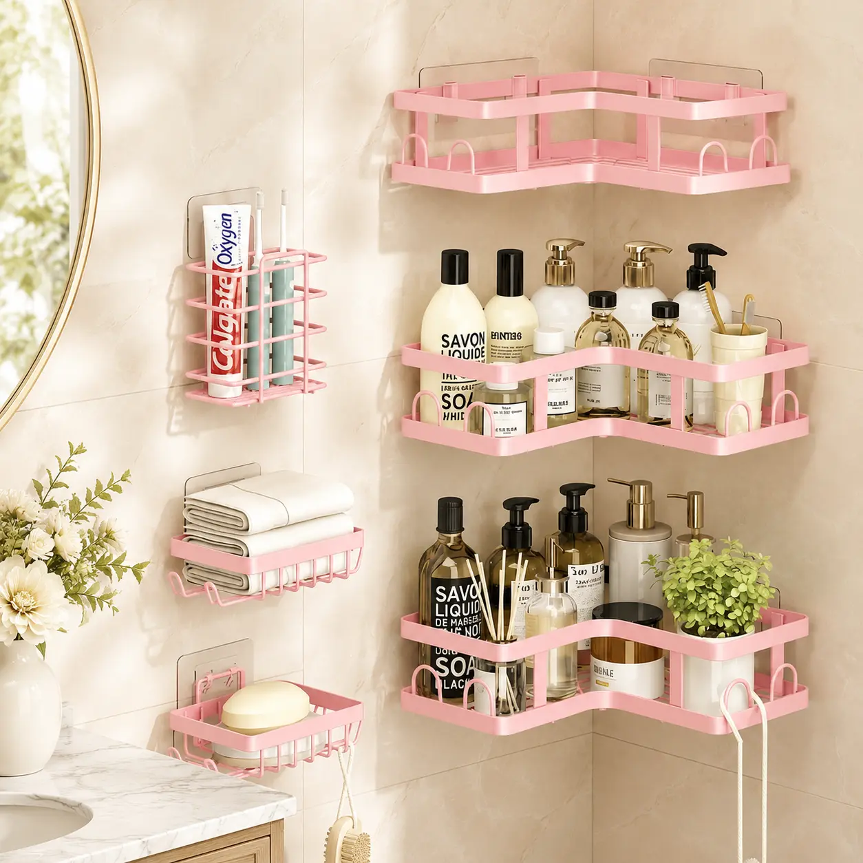 6PCS Corner Shower Caddy, No Drill Stainless Steel Bathroom Shelf with Hooks, Pink