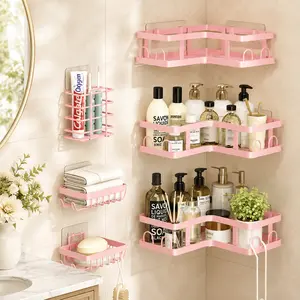 6PCS Corner Shower Caddy, No Drill Stainless Steel Bathroom Shelf with Hooks, Pink