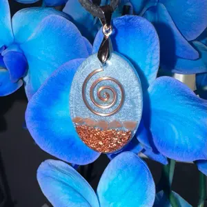 Sky Blue Orgone Pendant with Quartz Crystal, Copper, Himalayan Salt & Fibonacci Spiral, Grounding Energy Orgonite Pendant