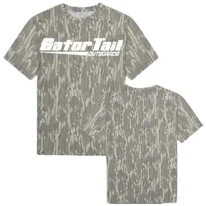 Vintage Gator Tail Graphic Tee, Retro Camouflage Boat Shirt, Men's Outdoor Lifestyle Apparel, Rugged Swamp Hunting Top, Camo Outboard Motor Tee