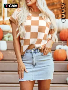 Women's Plaid Print Batwing Sleeve Crew Neck Knitted Sweater, Casual Short Sleeve Round Neck Jumper for All Season, Fashion Women's Knitwear for Daily Wear Womenswear