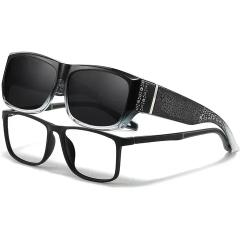 Women’s Rhinestone Clip-On Sunglasses for Prescription Glasses, Rectangular UV Protection Driving Shades + J1010 Night Vision Glasses, Day & Night 2-Pack