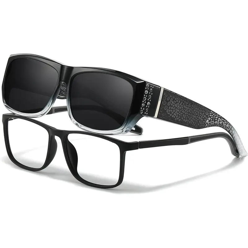 Women’s Rhinestone Clip-On Sunglasses for Prescription Glasses, Rectangular UV Protection Driving Shades + J1010 Night Vision Glasses, Day & Night 2-Pack