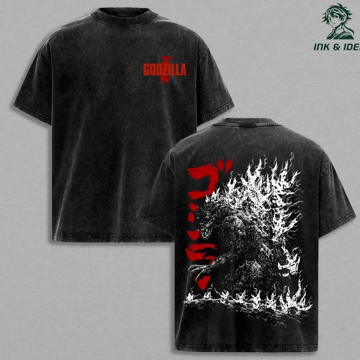 Godzilla Retro Vintage Oversized Washed T-Shirt Hoodie – Unisex Heavyweight Cotton Streetwear Pullover, Classic Movie Fan Hoodie, Gift for Men MZH