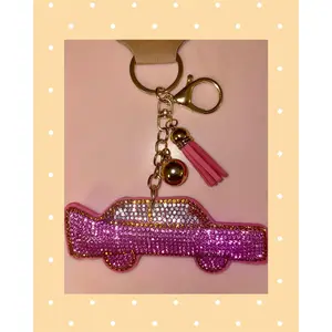 Bling Rhinestone Pink Cadillac Car Puffy Tassel Keychain Purse Charm