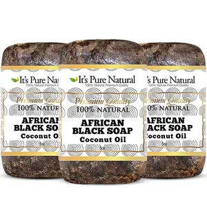 It's Pure Natural African Black Soap Bars with Coconut Oil (Pack of 3) Raw Soap for Face & Body, Acne Treatment & Dark Spot Remover [Made in Ghana]