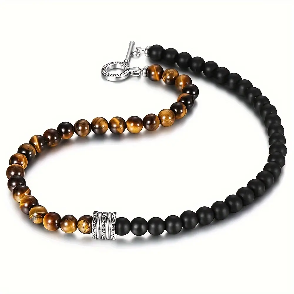 Natural Tiger Eyes Stone Matte Black Bead Necklace For Men Women Stainless Steel Charm Black Glass Bead Necklace Toggle Clasp Fashion Jewelry