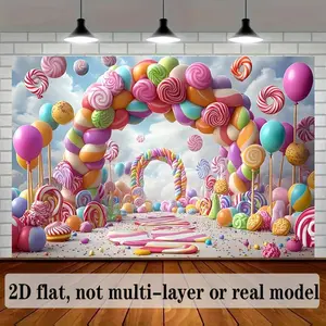 1pc 2D Flat Vibrant Candy & Balloon Party Backdrop - Colorful Polyester Banner with Lollipops, Gumballs, and Sprinkles for Photo Props, Home Decor, and Festive Celebrations, Party Decorations White