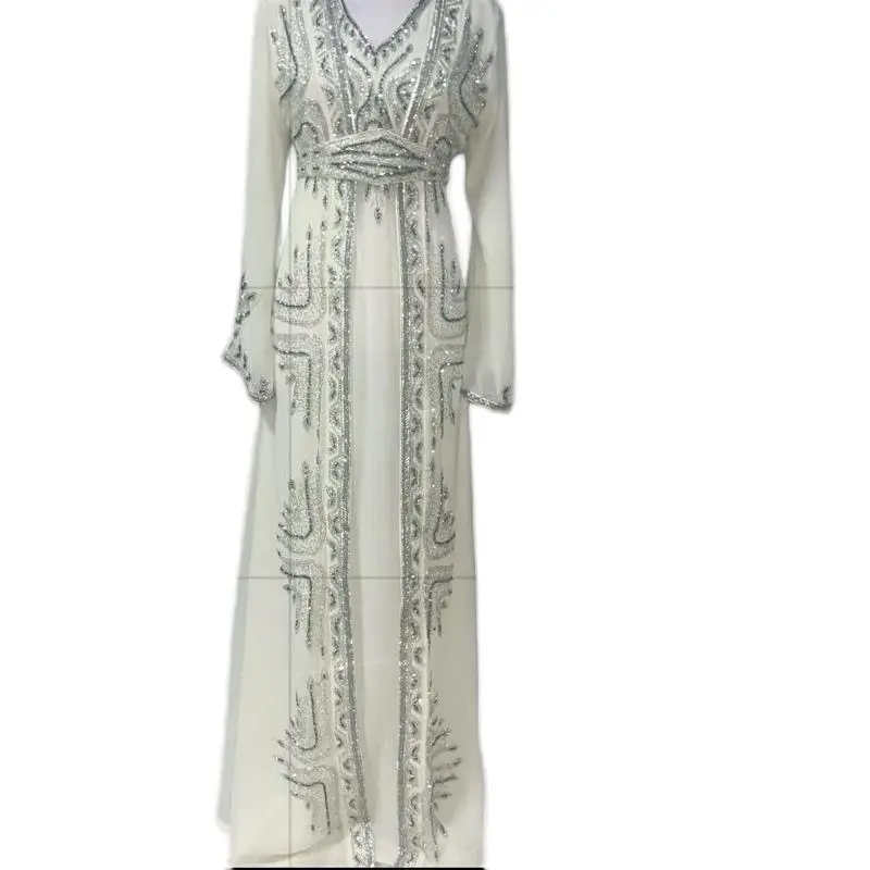High Quality Chiffon Silver Beads Layered Kaftan with Elegant Embroidery  and V-Neck Design for Special Occasions..PLEASE NOTE THE BLUE COLOR OPTION  IS (TEAL) COLOR