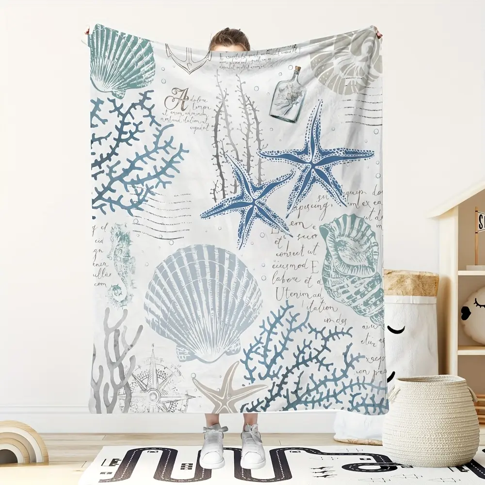 Vintage Nautical Plush Throw Blanket - Coral Reef, Starfish & Shell Designs, Hypoallergenic Polyester, Plush Texture, Cozy Lightweight, Machine Washable Blue-Cyan, for Sofa Bed