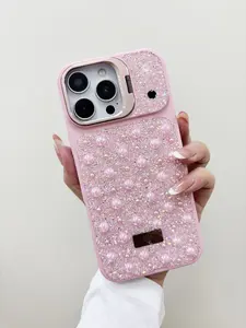 Luxury Pink Rhinestone Phone Case with Hidden Lens Stand Glitter Bling Sparkle Shockproof Cover for iPhone 17PM and Other iPhone Series