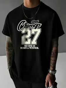 Men's Vintage Graphic Short Sleeve Crewneck T-Shirt, Chicago Team Print, Loose Fit, Breathable Fabric, Casual High Street Style, Streetwear
