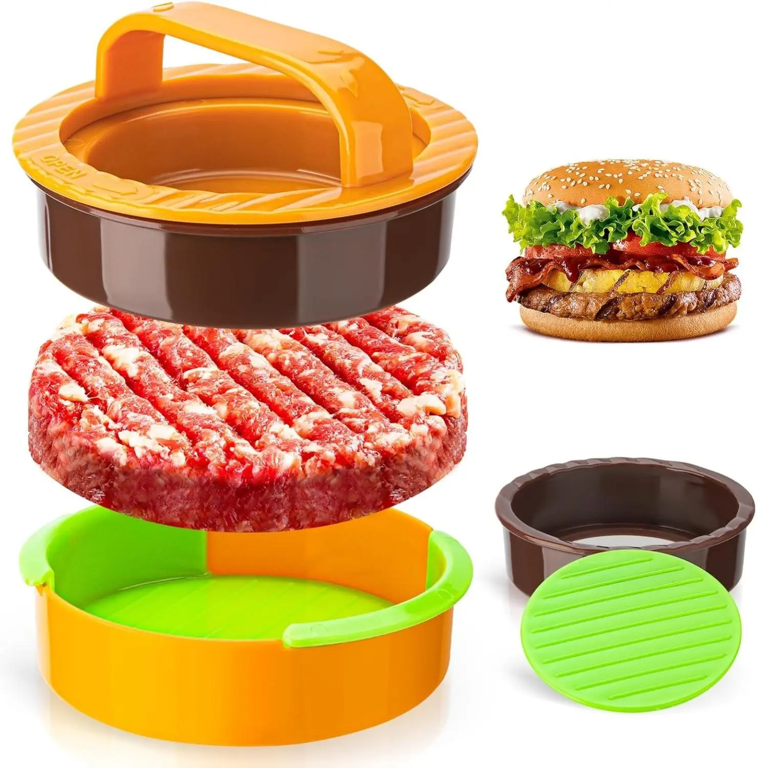 Ultimate 3-in-1 Non-Stick Hamburger Patty Maker with Durable ABS Construction Non-Slip Design Easy to Clean Lightweight Foldable for BBQ & Camping Perfect Gift for Burger Enthusiasts Kitchen Utensils