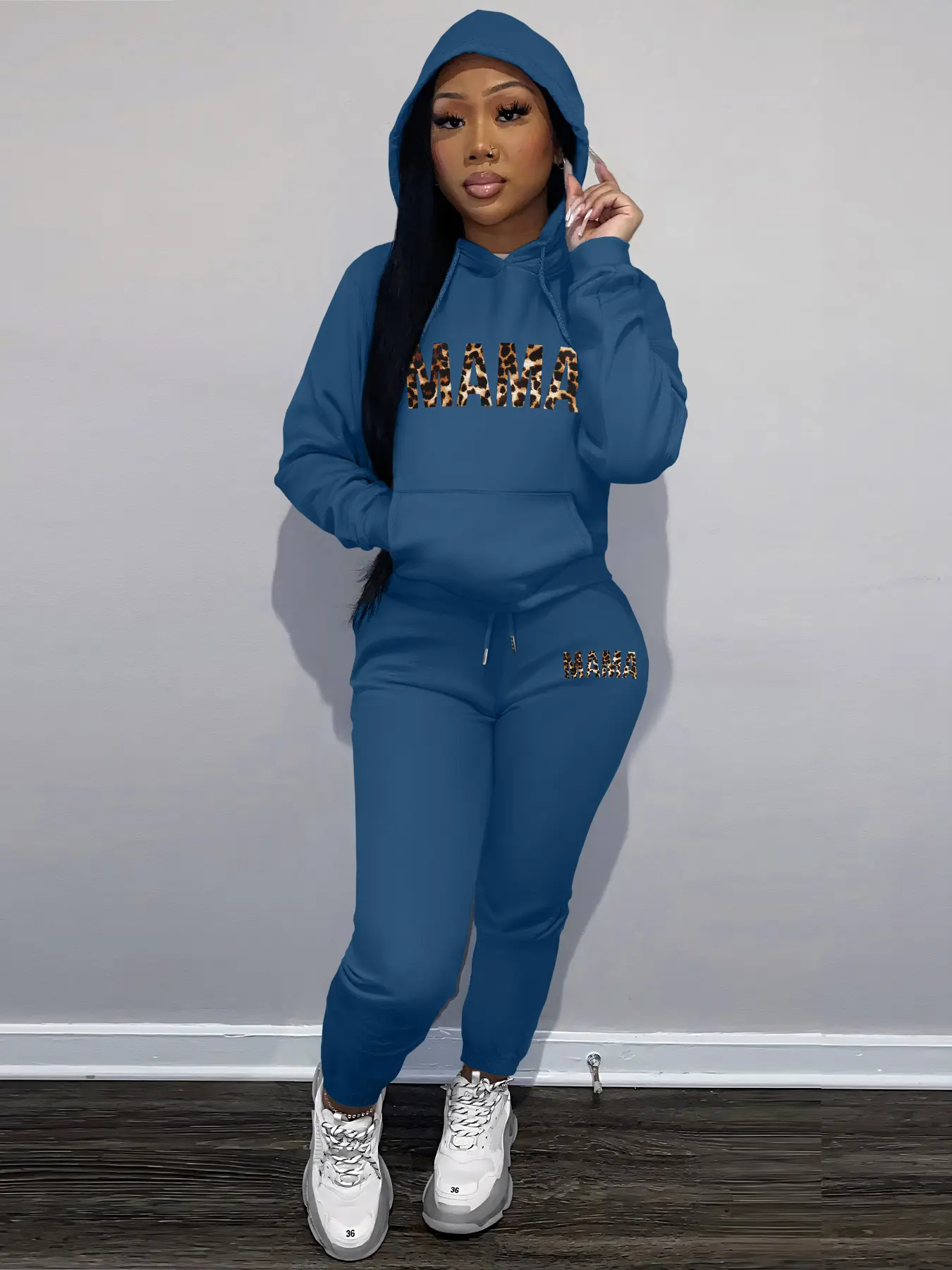 MAMA Letter print Women's Casual Loose-Fitting Sweatshirt Set Outfit, Round Neck Long Sleeve Pullover + Drawstring Pants, Comfortable Daily Wear for Sports & Outdoor Activities