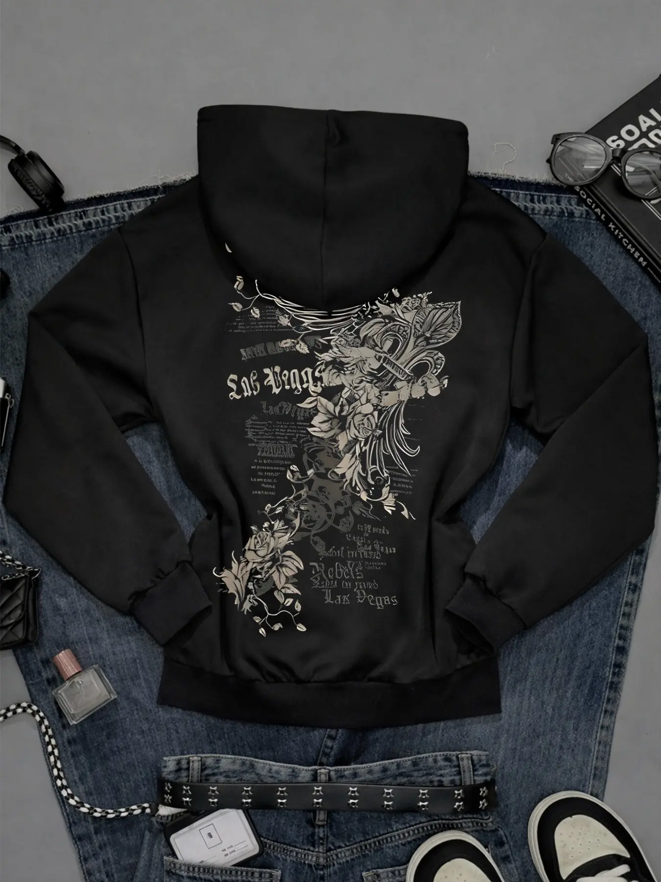 Vintage Punk Casual Style Hooded Long Sleeve Jacket, Thick Retro Design, Baroque Print, Waist Cinching, Fall & Winter Fashion, Streetwear, Baggy, Casual Print Clothes