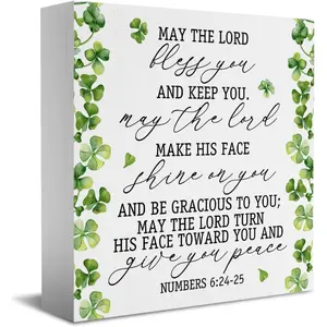 Christian Desk Decor, Numbers 6:24-25 Bible Verse Wooden Block Sign, Rustic Design, St Patricks Day Decorations Clover Theme Irish Prayer Printed Wood Wall Art Sign Home Office Decoration5x5 Inches