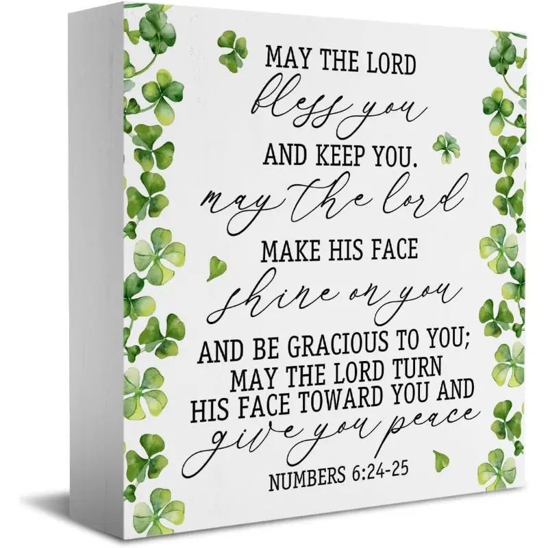Christian Desk Decor, Numbers 6:24-25 Bible Verse Wooden Block Sign, Rustic Design, St Patricks Day Decorations Clover Theme Irish Prayer Printed Wood Wall Art Sign Home Office Decoration5x5 Inches